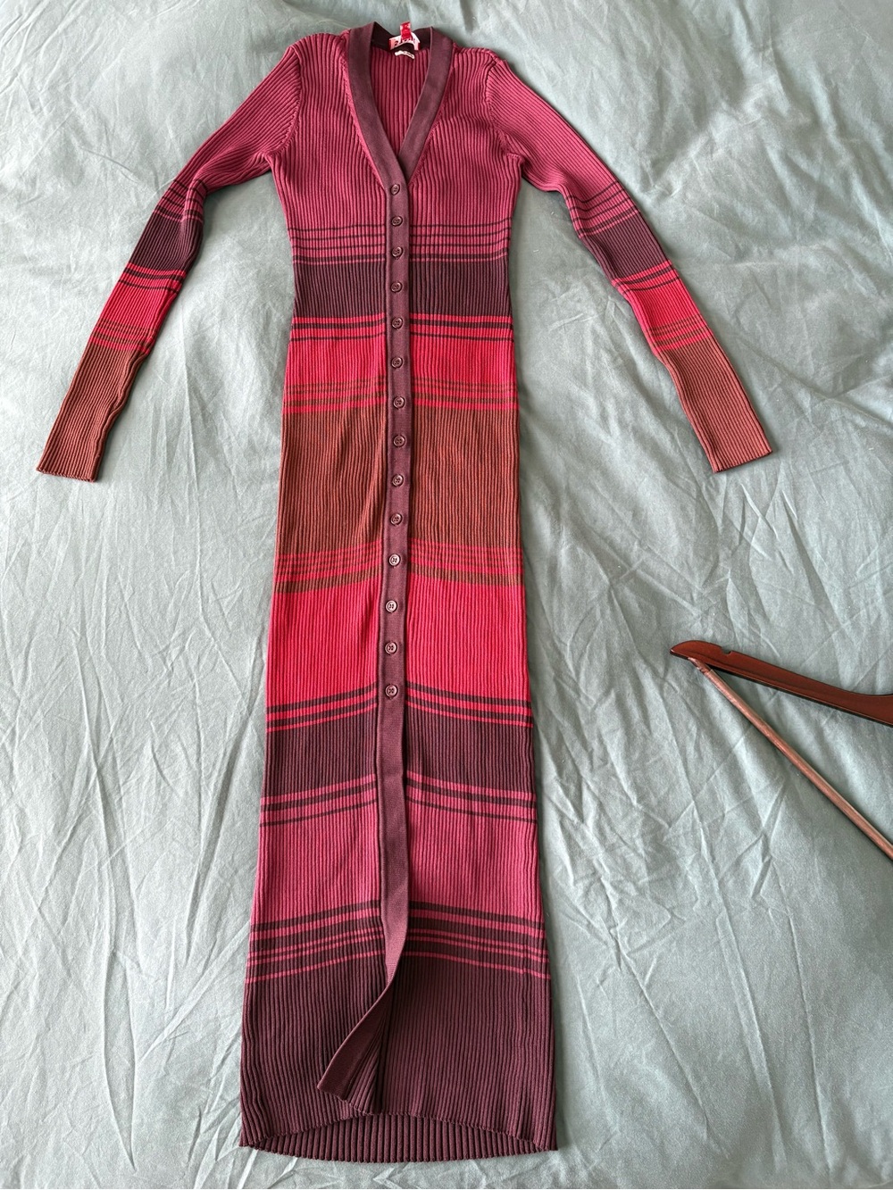 STAUD Red and Brown Striped Ribbed Button-Front Maxi Dress XS
